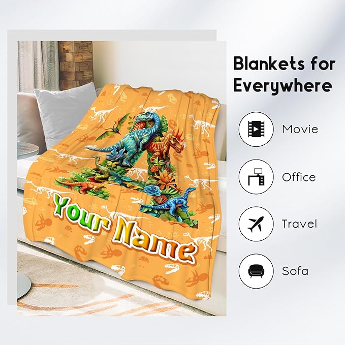 Personalized Kids Blanket, Dinosaur Blanket for Boys - Custom Throw with Initial Name, Monogram Gifts for Son & Grandson - 30"x40" Soft Plush Toddler Throws for Couch