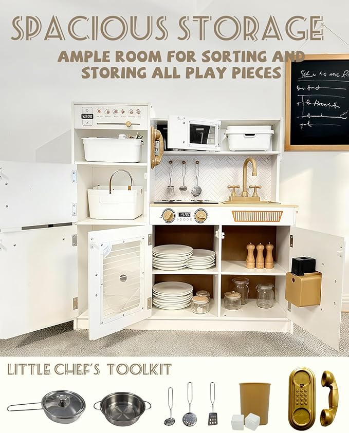 YUG Kids Play Kitchen Set with Real Lights & Sounds Toddler Kitchen Playset Including Stove, Oven, Dishwasher, Ice Maker, Pretend Kitchen Toy for Boys Girls Ages 3+, ASTM CPSIA Compliant