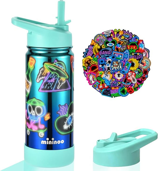 Mininoo Boys Water Bottle for School, 16oz Stainless Steel Insulated Metal Water Bottle with Straw Lid for Boys