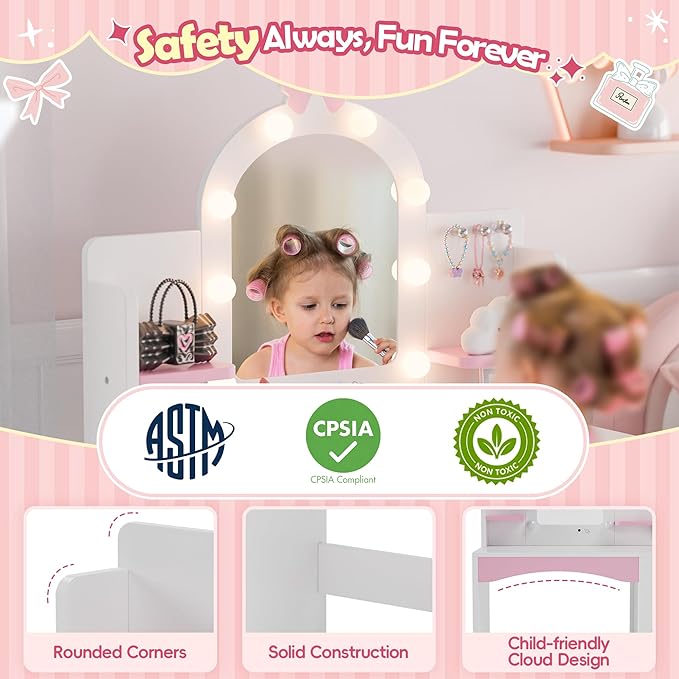 MU Kids Vanity with Lights, Princess Makeup Vanity Table and Chair Set for Girls, Toddler Vanity Desk with Open Bookshelf, Storage Cabinet & Shelves, Stools, White