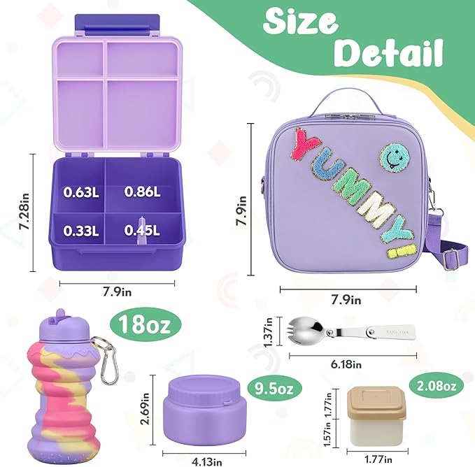 Bento Lunch Box with 10oz Soup Thermo for Kids Insulated Lunch Bag & Foldable Silicone Cup Food Leak Proof Food Container with 5 Compartment for Kid to Shool Travel