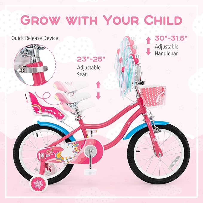 BABY JOY Kids Bike, 12 14 16 18 Inch Children Bicycle w/Detachable Training Wheels, Storage Basket, Adjustable Seat & Handlebar, Bow or Streamer, Girls Bike for 3-8 Years Old