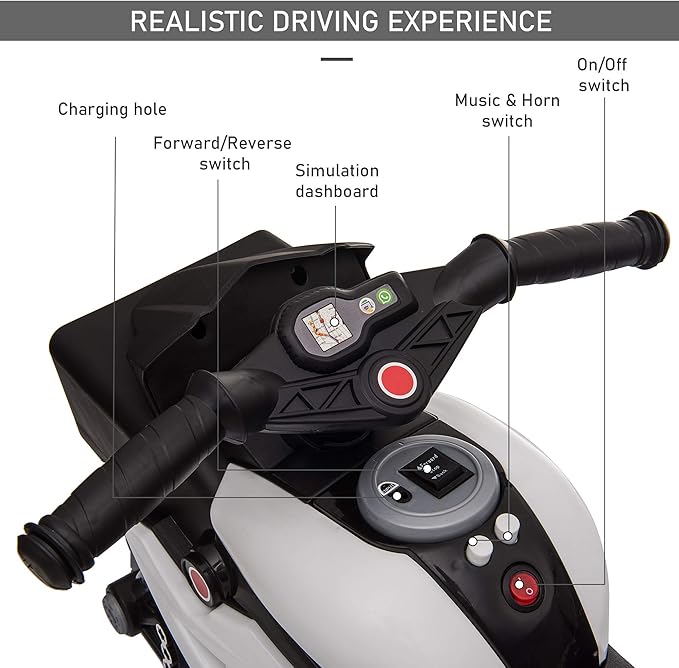 Aosom 6V Kids Motorcycle Toddler Ride-on Toy, High-Traction Battery-Operated Mini Electric Motorbike with Forward/Reverse Switch, Music, Headlights, Horn, White