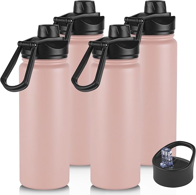 24oz Insulated Water Bottle with Straw Lid, Stainless Steel Metal Water Bottle with Straw & Wide Mouth Lid, Double Wall Vacuum Water Bottle for Hiking Camping, Pink 4 Pack