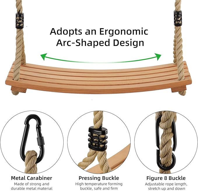 PELLOR Hanging Wooden Swing, Tree Swings for Adults/Kids with 440lbs Load, Curved Swing Seat 22.8"x 9.8"x 0.6", Adjustable Rope Swing Plus Size Tree Swing Set for Indoor and Outdoor