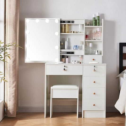 Makeup Vanity Set Dressing Table with Sliding Lighted Mirror and Lockable Drawers, Girls Vanity Set with Cushioned Stool and Hidden Shelves for Bedroom, Bedside. White