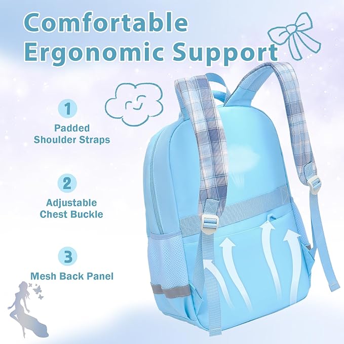 School Backpack for Girls Kids Bookbag for Elementary Middle School Casual Travel Daypack Teen Backpacks Blue Set