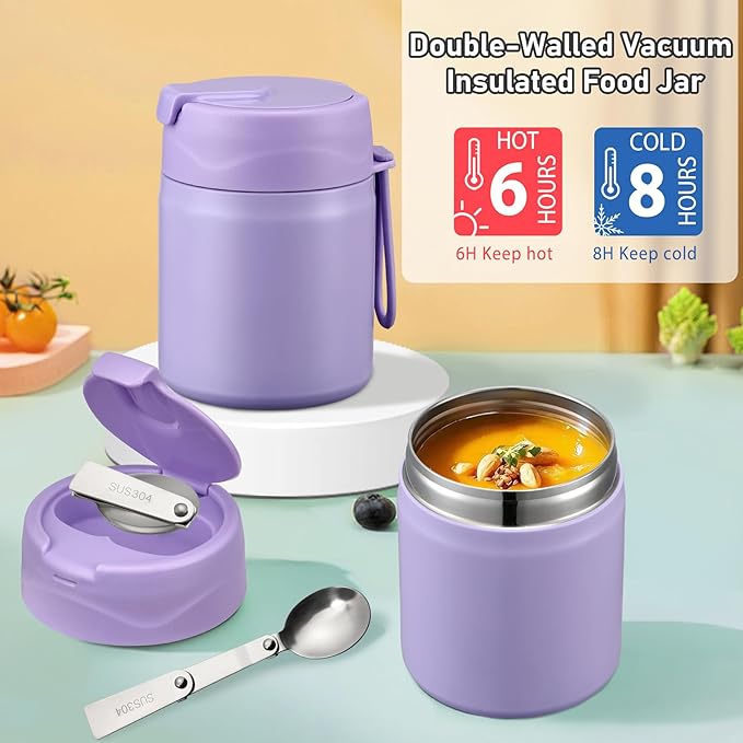 Bento Lunch Box for Kids with 17oz Soup Thermo,Insulated Tumbler Water Bottle and Insulated Lunch Bag,Leak-Proof 3 Compartment Lunch Food Container with Ice Pack for Kids to School-Purple