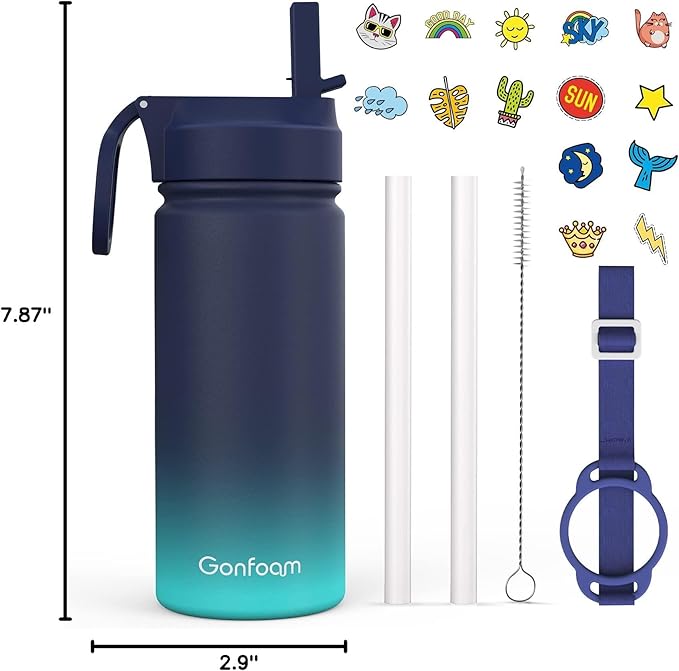 Kids Water Bottle, 16oz Water Bottles Kids with Straw and Stickers, Stainless Steel Vacuum Double Wall Insulated cup, Kids Water Bottle for School, Gifts for Boys(Navy blue)