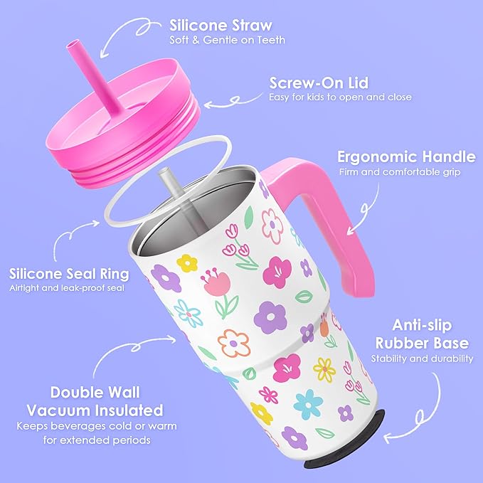 Floral Tumbler 20oz with Handle and Silicone Straw Lid for Kid, Insulated Stainless Steel Cup, Gift for Kids Girls, Gifts Idea for Birthday Christmas Back to School