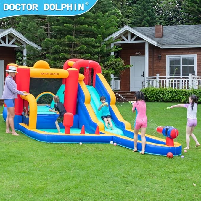 Doctor Dolphin Inflatable Bounce House with Air Blower, Bouncy Castle for Toddlers, Kids Jumping and Slide Castle for Indoor & Outdoor