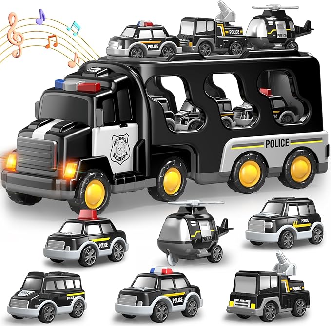 7 in 1 Police Trucks Cars Toys for Toddlers 3-5, Boy Toddler Car Truck Toys with Light Sound, Birthday Gifts Toys for 3 4 5 6 Year Old Boy, Transport Carrier Truck for Toddlers 3-5 Years