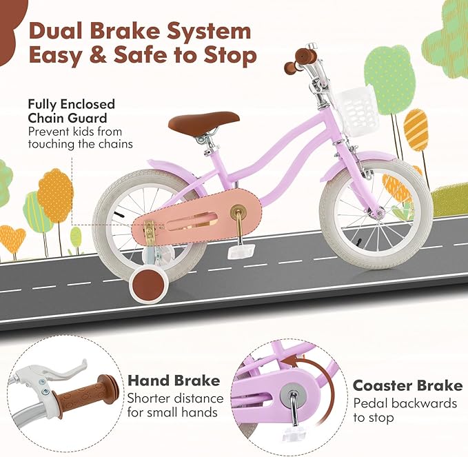 COSTWAY Kids Bike, 12 14 16 18 Inch Toddler Bike Children Bicycle w/Training Wheels, Hand & Coaster Brakes, Adjustable Saddle & Handlebar, Basket, Bell, Kids Bicycle for Girls Boys Aged 3-8 Years Old