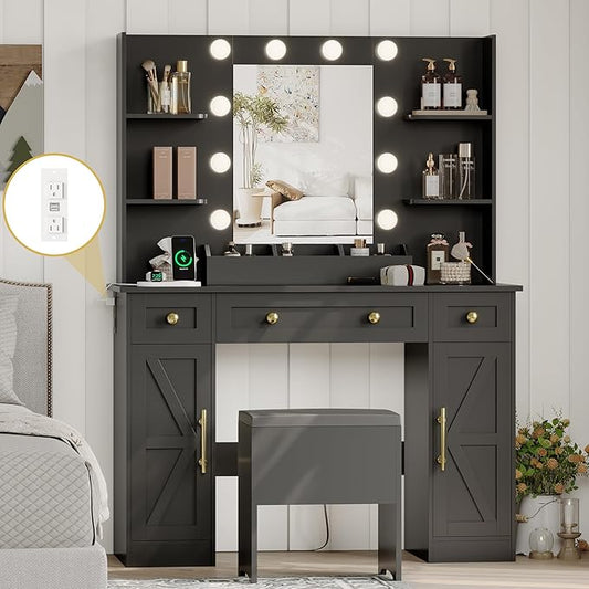 Vanity Makeup Desk with Mirror and Lights, Farmhouse Vanity Table Set with Storage Drawers, Charging Station & Chair, 43" Large Rustic Dressing Table, 3 Lighting Modes for Women Girls Bedroom, Black