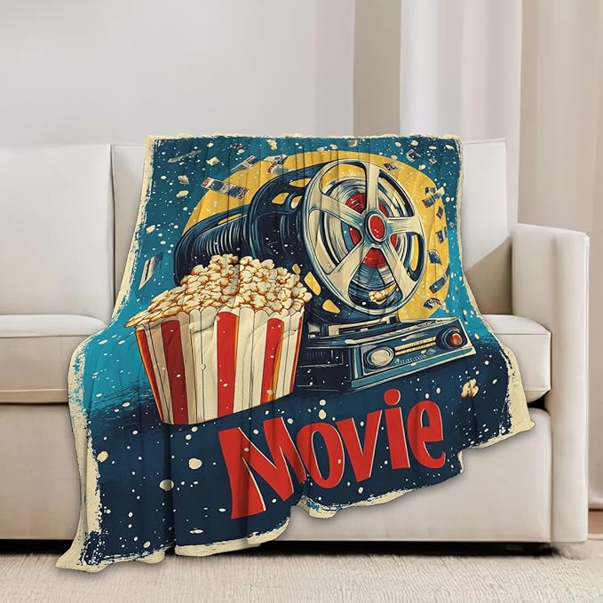 Movie Blanket Film Theater Cinema Popcorn Throw Blankets Gifts for Girls Boys Kids Movie Lover Soft Cozy Fleece Plush for Couch Sofa Bed 80"x60"