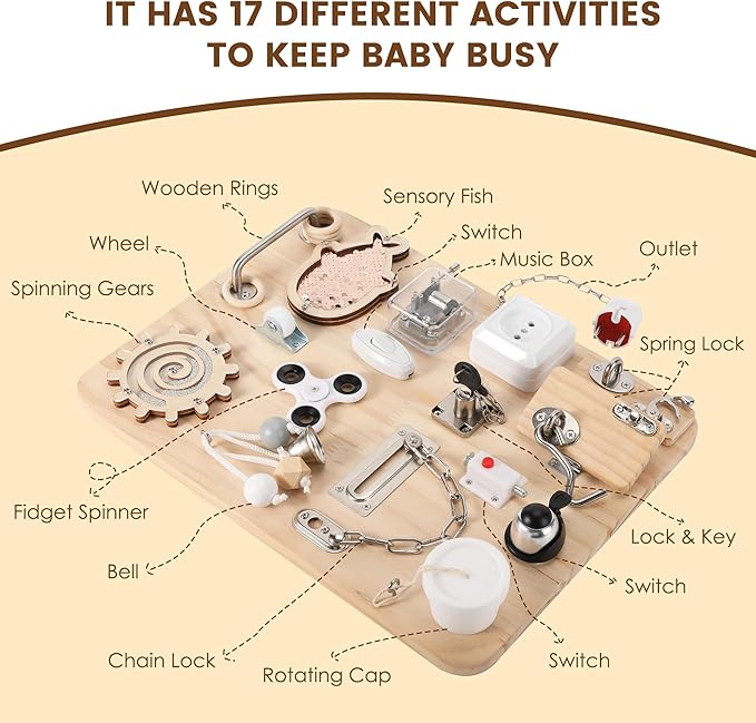 Wooden Montessori Busy Board, Montessori Sensory Activity Board Toys for Kids Toddler Baby Boys Girls, for Autism & ADHD Motor Skills