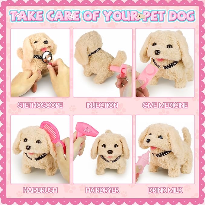 Doctor Kit for Toddlers, 27 Pcs Veterinarian Playset with Walking Dog Toy, Carrying Bag, Stethoscope & Dress Up Costume, Pretend Play Vet Toy for Girls Christmas Birthday Gift Ages 3-6