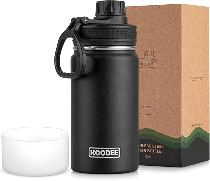 koodee Water Bottle for School-12 oz Stainless Steel Vacuum Insulated Wide Mouth Water Flask with Leakproof Spout Lid (Black)