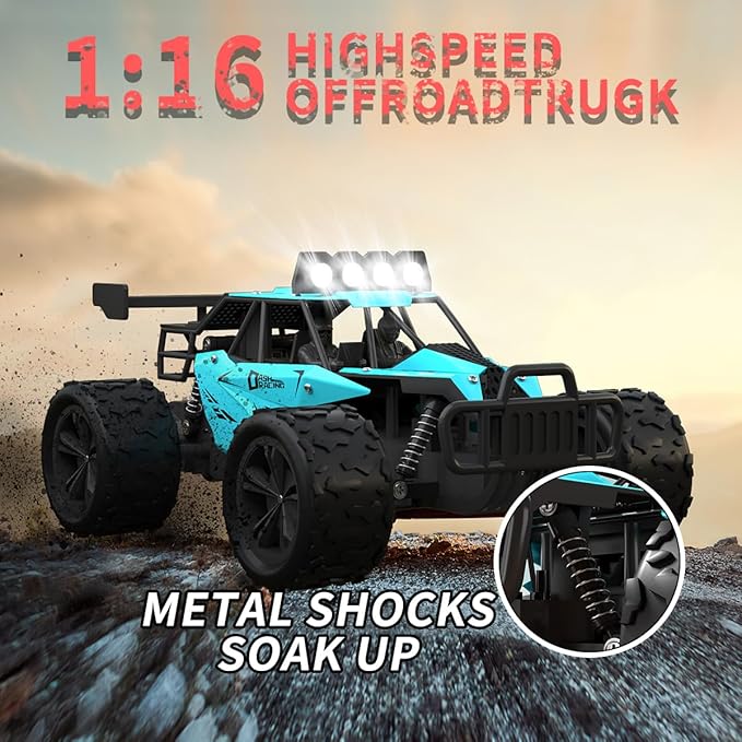 Remote Control Car Monster Truck Toys 1:16 Scale RC Car For Boys 2.4GHz High Speed 20 km/h With LED Headlights,Rechargeable RC Cars Gifts for Boys 4-7 8-12 Christmas, Beginner, Kids 6-12+ (Cyan)