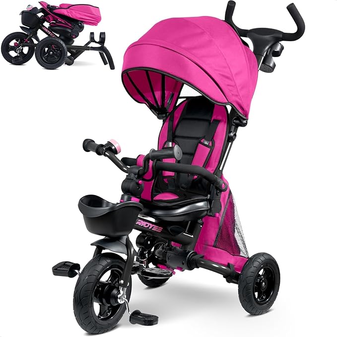 7-in-1 Folding Toddler Tricycle for 18 Months to 5 Years, Tricycle Stroller with Dual Brakes, All-Terrian Rubber Tire, Tricycle for Toddlers with Rotatable Seat, Adjustable Push Handle, Pink