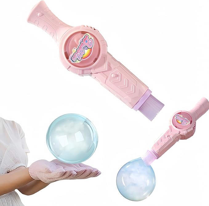 Elastic Smoke Bubble Machine for Kids - Rechargeable Magic Bubble Wand with Lights & Sound, Includes Gloves & Spill-Proof Cup, Safe Bubble Solution, Green & Pink (Pink)