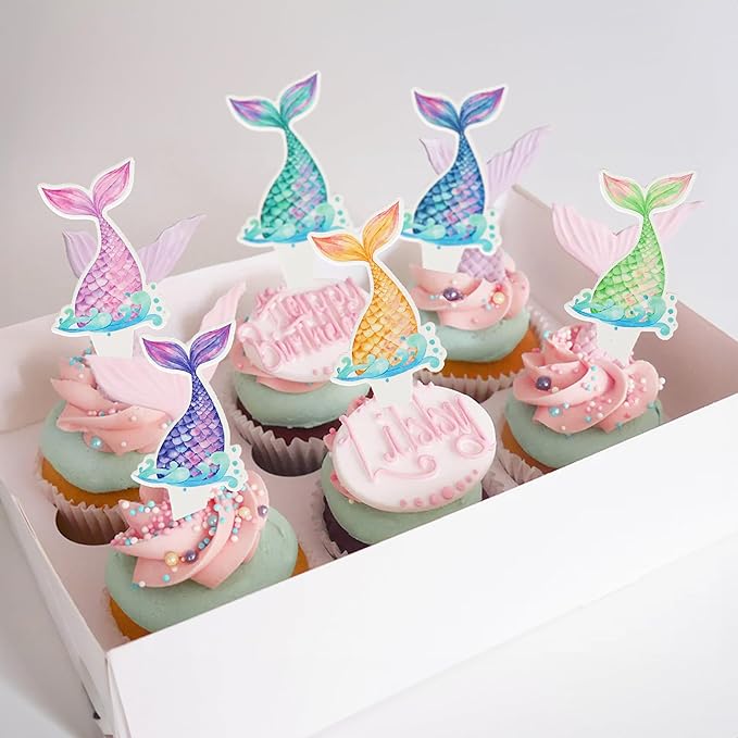 Ephlyn 36Pcs Mermaid Tail Cupcake Toppers Mini Under the Sea Mermaid Tail Cake Topper Decorations Cupcake Picks for Ocean theme Birthday Party Decoration Baby Shower Supplies