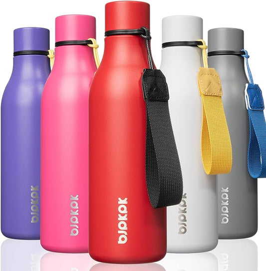 BJPKPK Insulated Water Bottles, 18 oz Stainless Steel Metal Water Bottle with Strap, BPA Free Leak Proof Thermo, Mugs, Flasks, Reusable Water Bottle for Sports & Travel, Red