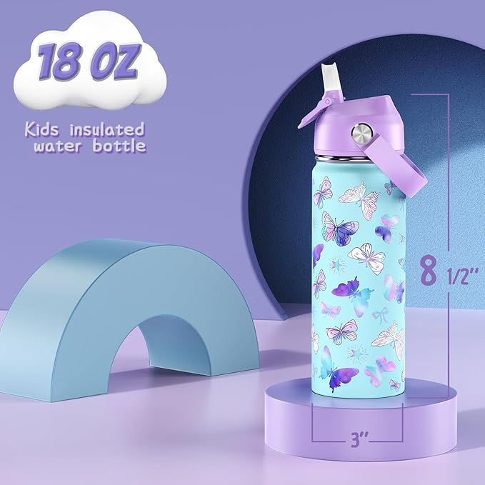 18oz Kids Insulated Water Bottle with Straw Lid - 18/8 Stainless Steel Kid Cup Travel Tumbler Double Wall Vacuum Leak Proof Portable Toddler Water Bottle (Butterfly+Mermaid）