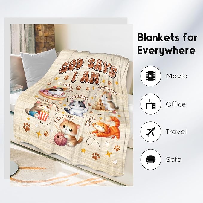 Cat Blankets for Cat Lovers, Cat Themed Gifts for Girls Boys Women Adults, Cat Blanket with Cats on It, God Says I Am Blanket for Kids Daughter Son, Fleece Throw Blankets for Couch Chair, 40"x50"