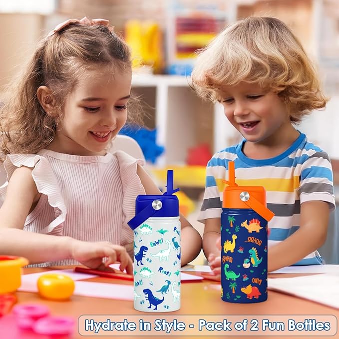 SANDJEST Dinosaur Kids Water Bottle with Straw Lid, Pack of 2 Insulated 12 Oz Stainless Steel Water Bottles for Boys, Travel Cup for School Sports