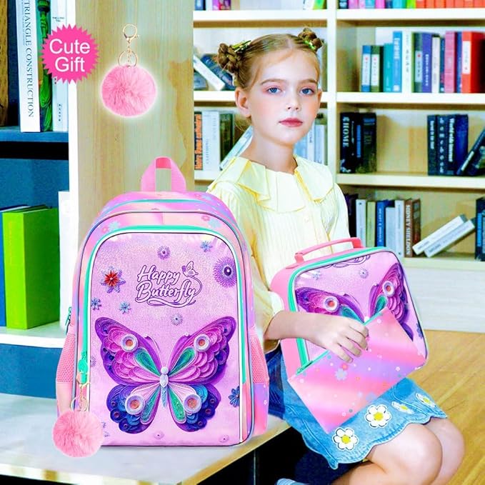 CCJPX 3Pcs Butterfly Backpack, 16” Kids Girls Bookbag with Lunch Box, Water Resistant Elementary School Bag for Kindergarten Preschool Toddler (Pink)