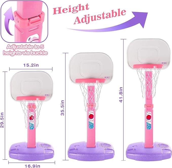 AOKESI Toddler Pink Basketball Hoop Indoor Outdoor Age 1-3, Adjustable Kids Mini Basketball Hoop Outside, Girls Basketball Goal Sport Toys for 1 2 3 4 5 Year Old Baby Girl Birthday Gifts