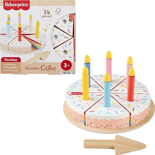 Fisher-Price Wood Pretend Play Toy Cake Set, 14-Piece Wooden Food Decorating & Serving Play for Preschool Kids Ages 3+ Years