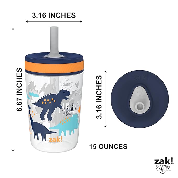Zak Designs Kelso Toddler Cups For Travel or At Home, 15oz 2-Pack Durable Plastic Sippy Cups With Leak-Proof Design is Perfect For Kids (DinoRoar, Zaksaurus)
