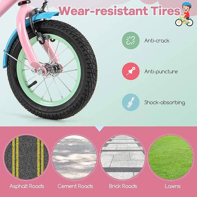 BABY JOY Colorful Macarons Kids Bike, 12 14 16 18 Inch Sporty Children's Bicycle with Training Wheels, Adjustable Handlebar & Saddle, Handbrake & Coaster Brake, Boys Girls Bike for 3-8 Years Old