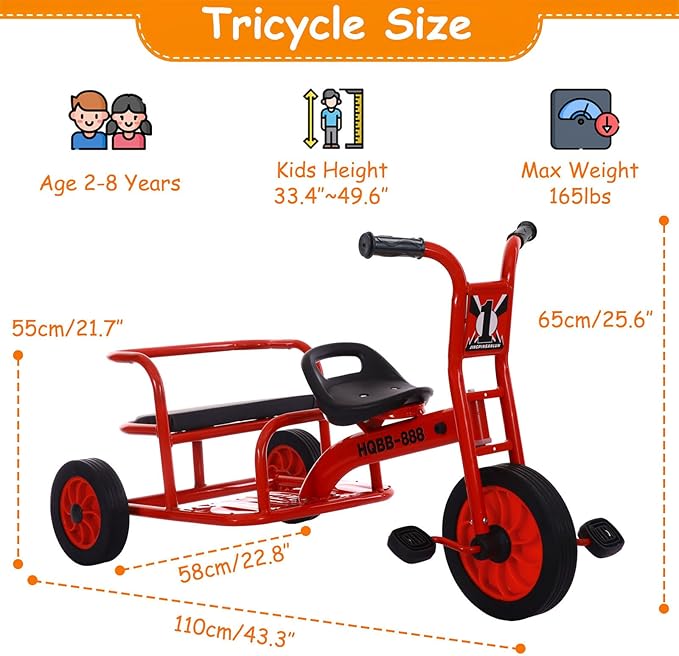 Kids Tricycle for Ages 2-8, Kids Trike Bike, Preschool Daycare Tandem Tricycle with Adjustable Seat, Airless Rubber Tires and Rear Padded Seat, Gift for Boys and Girls