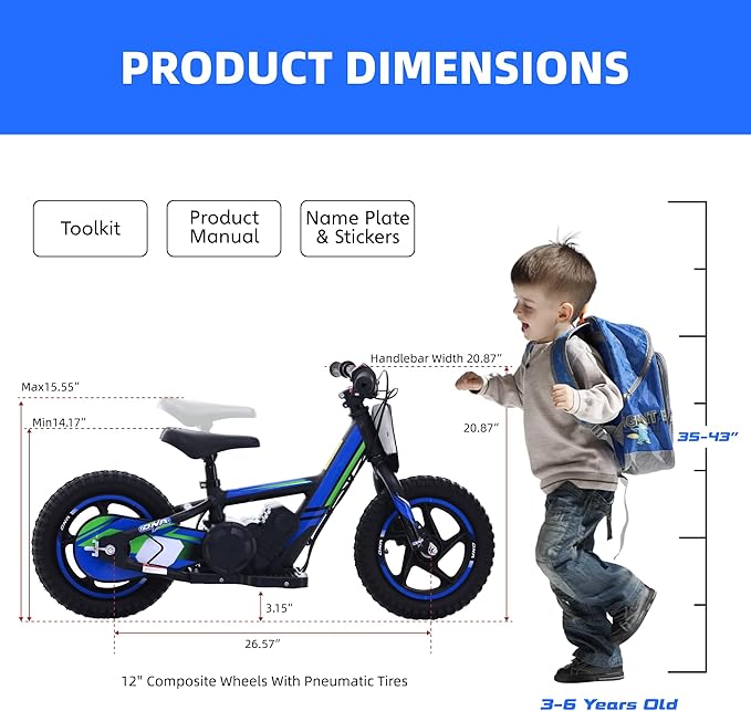 OLALA Electric Dirt Bike for Kids Aged 3-6, 170W Racing Grade Electric Motorcycle, New Aluminum Frame with 2 Power Modes, 24V Detachable Battery, 12IN Knobby Tires
