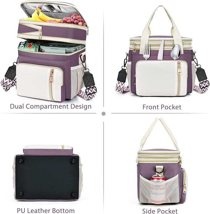 LOKASS Lunch Box & Lunch Bag for Women Men Double Deck, Large Insulated Adult Lunch Box Leakproof Lunchbox Cooler Bag for Work Picnic Beach,（Dark Pink 16L）