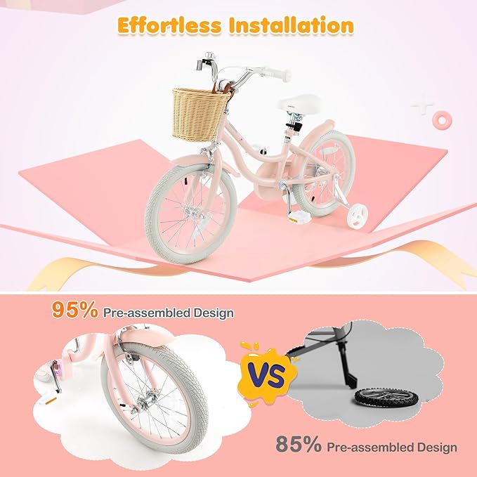 BABY JOY Kids Bike, 14 16 18 Inch Retro Kids Bicycles for 3-8 Years Old Children with Training Wheels, Adjustable Height, Rattan Basket, Handbrake & Coaster Brake, Boys Girls Bike (Pink, Green, Blue)