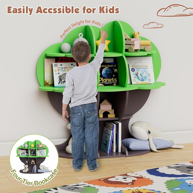 Green Tree Kids Bookshelf Toddler Bookcase 4-Tier Baby Book Rack Children Toy Storage Organizer Forest Wood Display Shelf for Nursery Playroom Bedroom Classroom School Homeschooling Boy Girl’s Gift