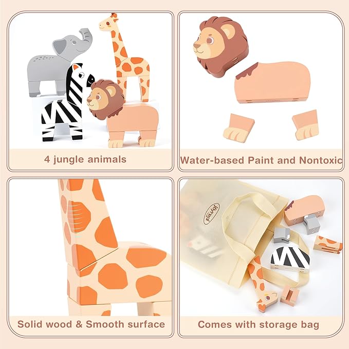 Joyreal Magnetic Mix or Match Jungle Animals Toy Play Set, 16 Pcs Wooden Building Blocks Play Set Toy for 1 Year Old, Fine Motor Montessori Game Preschool Educational Gift for Ages 1-5