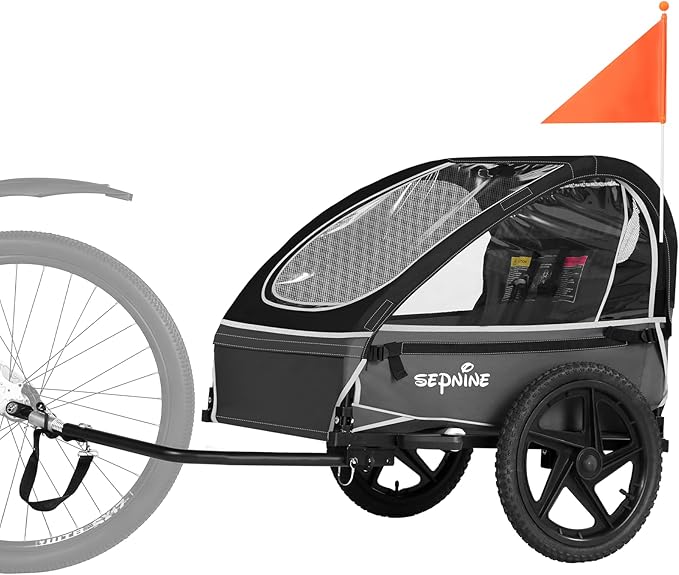 Sepnine Kids Bike Trailer, Suitable for 1 to 2 Kids, 12+ Months, Quick Attach to Bike, Foldable, with 5-Point Harness and Storage Bags