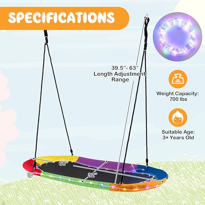 Costzon 700 lbs 60" Giant Platform Swing with Light, Adjustable Hanging Ropes, Waterproof 600D Oxford Fabric, Indoor/Outdoor Tree Swing for Kids, Adults, Playground, Backyard (Colorful)