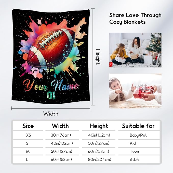 Personalized Football Blanket, Custom Football Gifts for Boys Men Adults, Flannel Throw Blankets for Team Player, Sport Theme Throws Boys Room Decor for Couch Sofa (Colorful, 40x50 Inch)