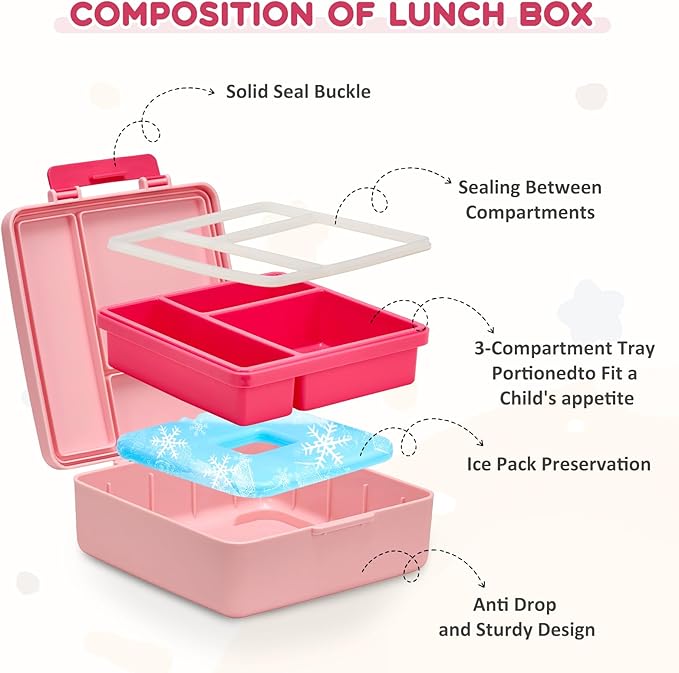 Lunch Box Set with Bento Box Container, 17OZ Stainless Steel Food Soup Thermo, Kids Water Bottle & Portable Insulated Lunch Bag – Leakproof, Hot/Cold Retention for School, Travel(Pink-Rainbow)