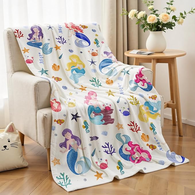 Wajade Kids Mermaid Blanket for Girls Soft Fleece Blanket for Couch Sofa Bedroom Mermaid Marine Life Throw Blanket for Kids Teens 60"x80"