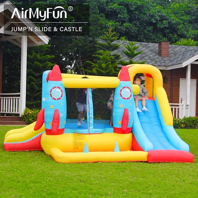 AirMyFun Inflatable Bounce House,Bouncy Castle with Air Blower,Play House with Ball Pit,Inflatable Kids Slide,Jumping Castle with Carry Bag(Rocket Theme)