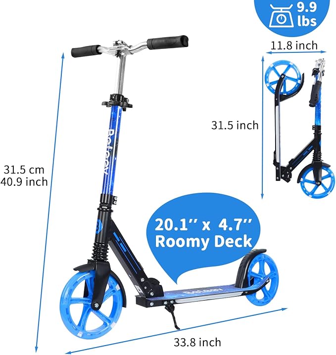 BELEEV V5 Plus Scooters for Kids Ages 6+, Teens with Light-Up Wheels & Deck, 2 Wheel Folding Lightweight Sport Scooter with 4 Adjustable Height, 8-inch Big Wheels, Carry Strap, Max Load 220 lbs