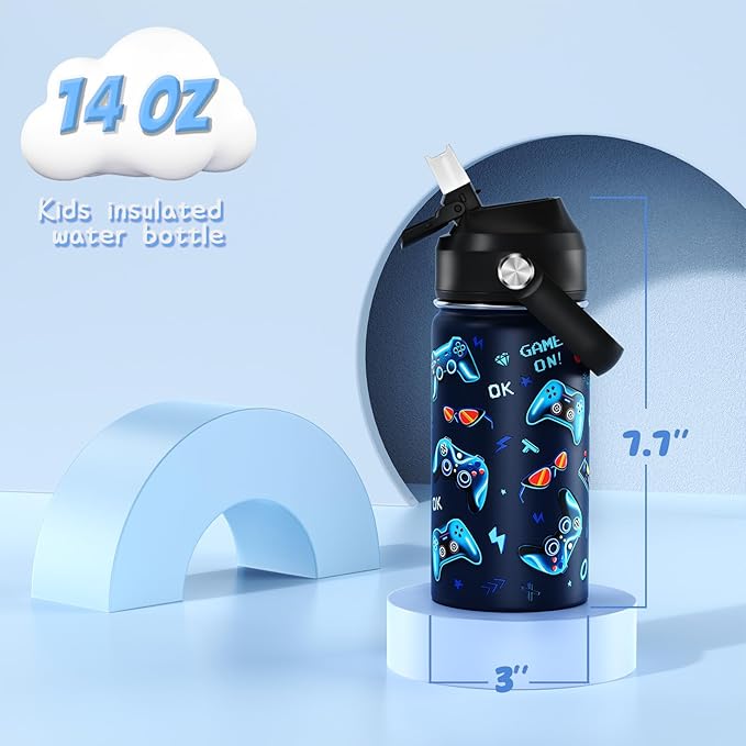 14oz Kids Insulated Water Bottle with Straw Lid - 18/8 Stainless Steel Kid Cup Travel Tumbler Double Wall Vacuum Leak Proof Portable Toddler Water Bottle (Lightning+Game）