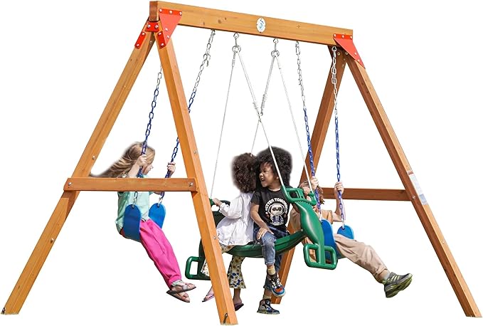 Dolphin Playground DIY Swing Sets for Backyard, Wooden Playground Sets for Backyards with Glider Swing and 2 Belt Swings, Kids Outdoor Play Equipment, Outdoor Playset for Any Swing Replacements
